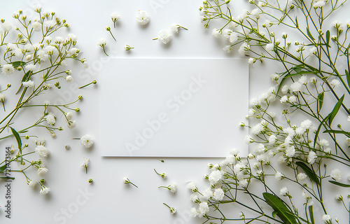 Card mockup or invitation blank decorated fresh white flowers on grey pastel background top view photo