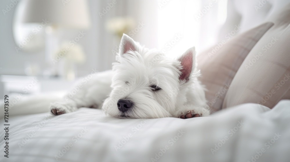 Cute and adorable West Highland White Terrier relax in a cozy bedroom. Sleepy dog on a sofa. Indoor background with copy space. Cute and adorable West Highland White Terrier relax in a cozy bedroom. Sleepy dog on a sofa. Indoor background with copy space.