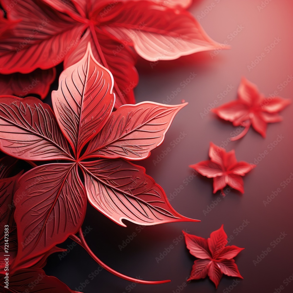 Red abstract background with outlines of leaves. Generative AI.
