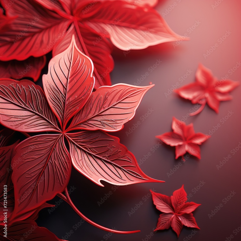 Obraz premium Red abstract background with outlines of leaves. Generative AI.