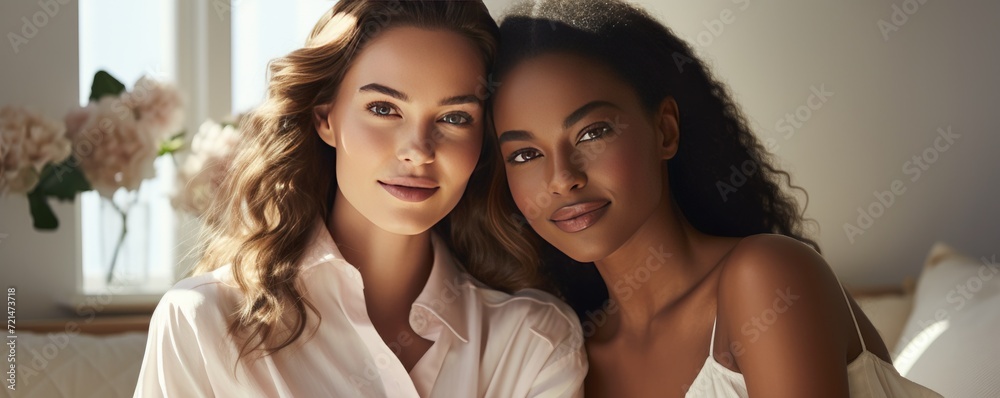 A smiling dark-skinned woman next to a light-skinned woman. Generative AI. A smiling dark-skinned woman next to a light-skinned woman. Generative AI.