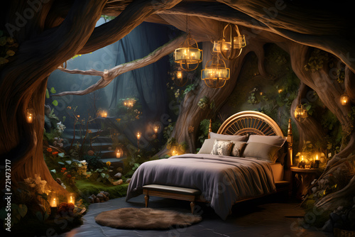 A bedroom wall mural with a whimsical fairytale forest