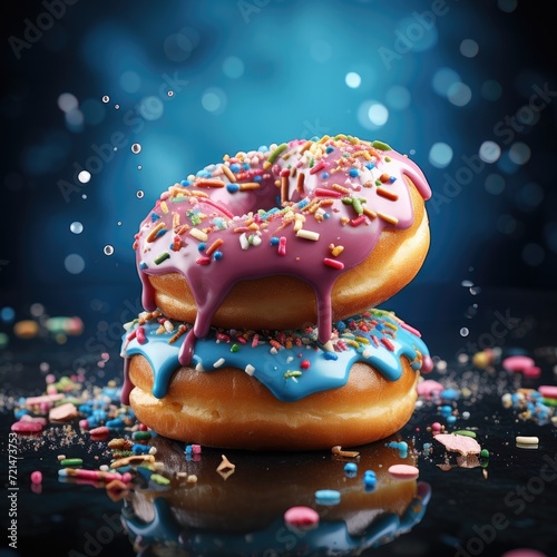 Tasty sweet donuts with sprinkles on a blue background. Generative AI.