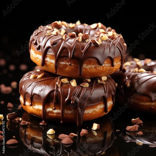 Tasty sweet chocolate donuts on a dark background. Generative AI.