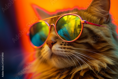 A cat wearing sunglasses, in the style of energetic frenzy.
