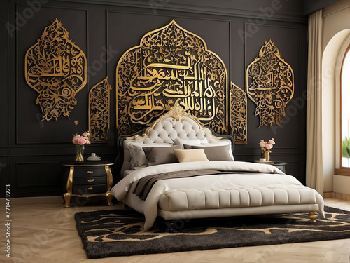 Beautiful authentic arabic bedroom in a modern room with bed side table photo