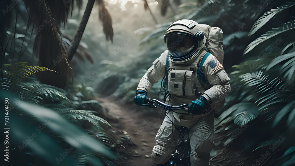 Military combat or astronaut with a handlebar of a bicycle explores the forest