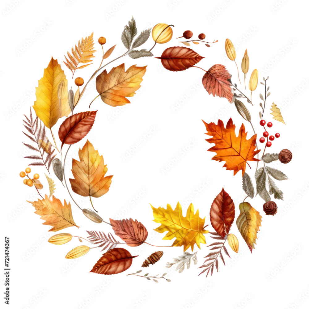 Fototapeta premium Beautiful round autumn wreath, decorative floral frame isolated on transparent background, png clip art design element.