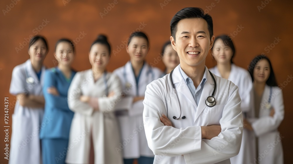 smiling Asian doctor in white coat surrounded by diverse doctors and nurses, 