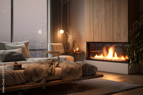 A bedroom with a cozy seating area and a fireplace