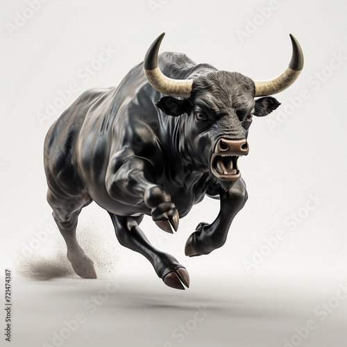 wallstreet style black bull agressive charging with money on solid white background, 8k, hyper realistic, 