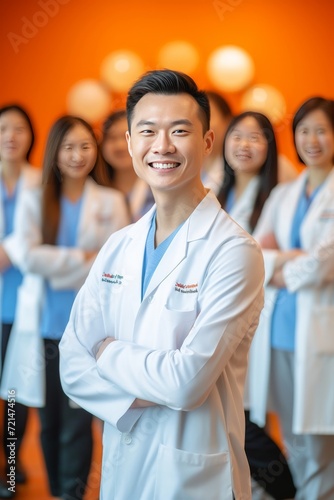  smiling Asian doctor in white coat surrounded by other doctors and nurses