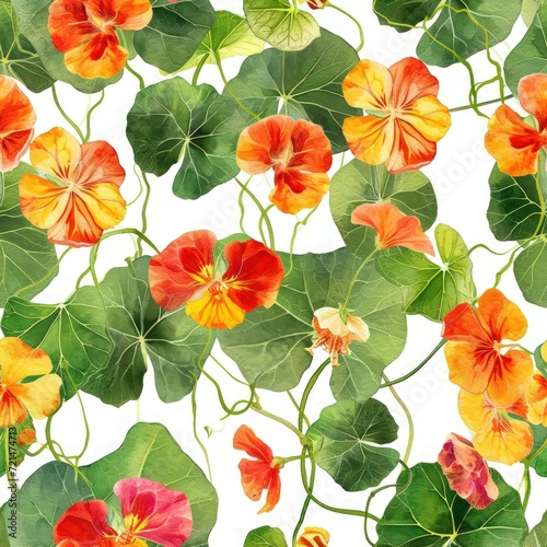 Watercolor nasturtium flowers with leaves seamless pattern.