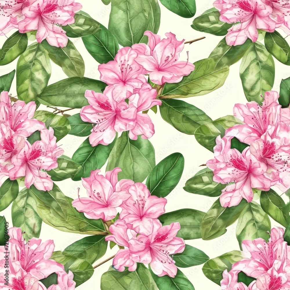 Watercolor rhododendron flowers with leaves seamless pattern.