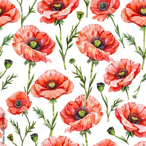 Watercolor poppy flowers with leaves seamless pattern.