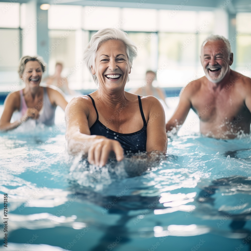 Fototapeta premium Healthy Splash: Middle-Aged People Keeping Fit with Water Exercise in the Pool