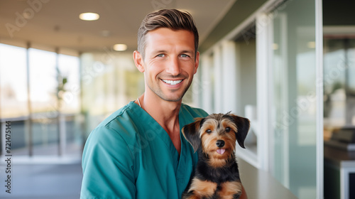 Male Veterinarian is holding a dog in animal clinic
