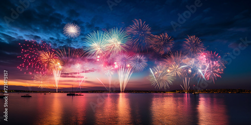 A vibrant fireworks display lighting up the night sky, AI Generative.