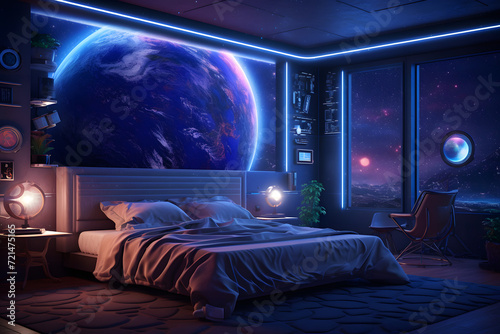 A bedroom with a modern space themed design