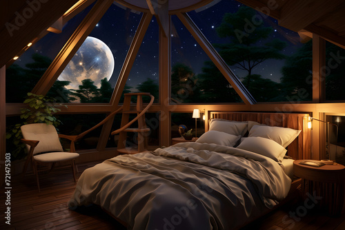 A bedroom with a modern treehouse bed © sugastocks