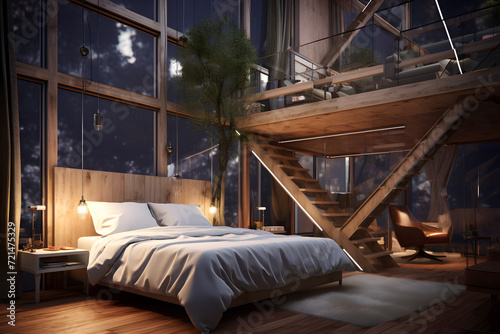 A bedroom with a modern treehouse bed