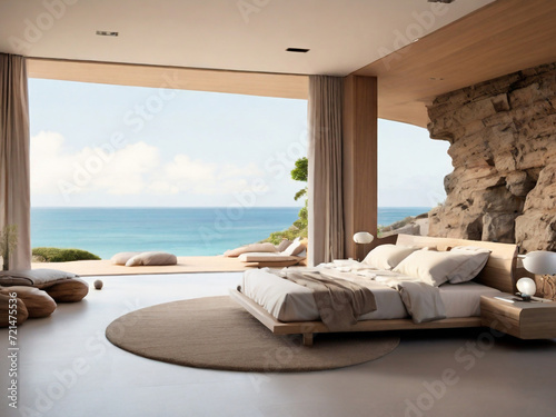 Modern Badroom of luxury hotle, HD view, with view beach view through window, 