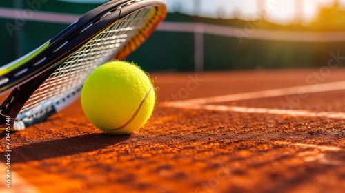 side view of a tennis ball and tennis racket on a tennis court 