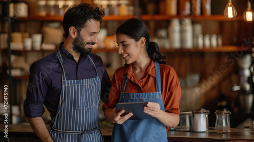 man and a woman  both wearing aprons and engaged in a discussion with a tablet and a smartphone in their hands