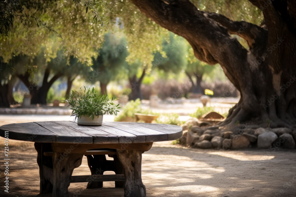 An old vintage  table with carved legs under an old large olive tree