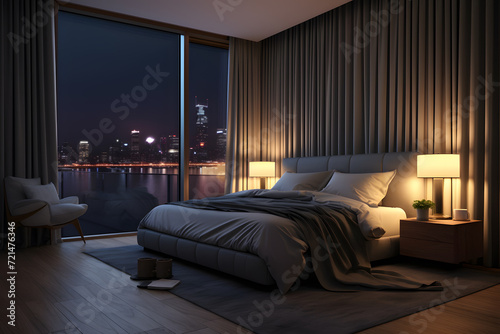A bedroom with a wall of windows and blackout curtains photo