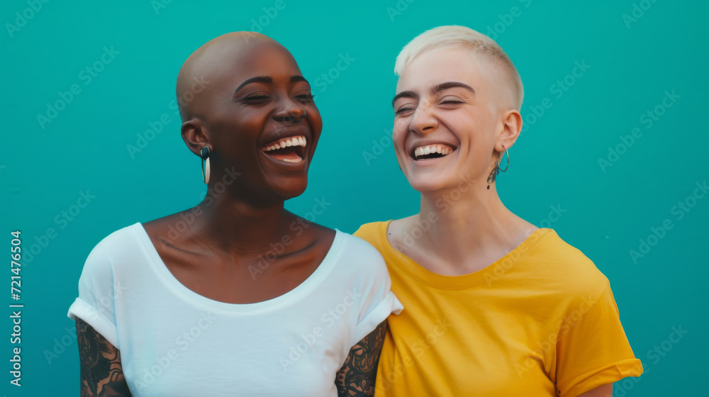two women laughing heartily against a turquoise background