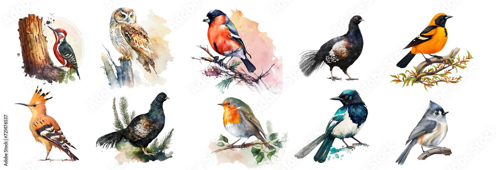 Forest birds in the wild: woodpecker, owl, bullfinch, black grouse, hoopoe, magpie - obrazy, fototapety, plakaty 
