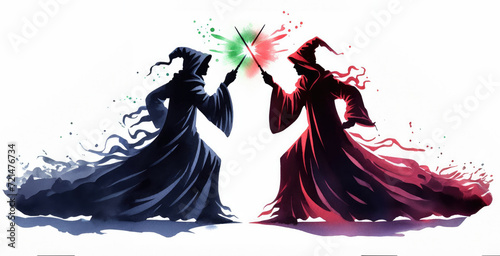 Silhouette of two wizards casting magic spells and fighting.