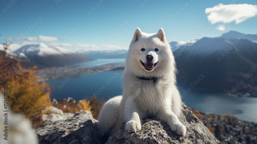 Obraz premium White Samoyed dog at the top of the mountain with rocks, snow and lake. Long shot of a beautiful samoyed alone, from the top of the mountain.