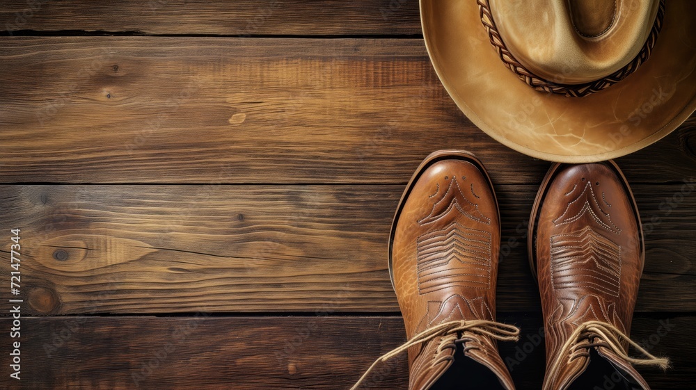 Cowboy boots and hat on rustic wooden background - obrazy, fototapety, plakaty 