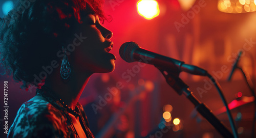 Female singer performing passionately on stage, colorful lights
