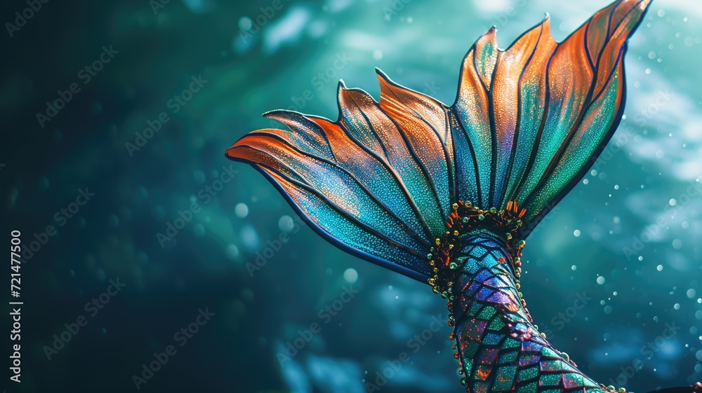 Colorful mermaid tail glittering underwater with sunbeams - obrazy, fototapety, plakaty 
