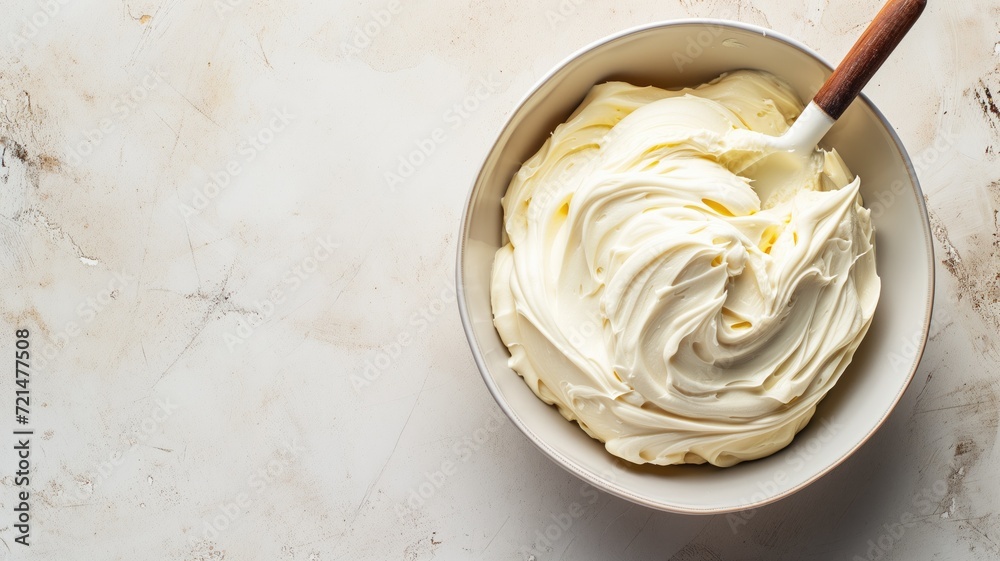 A bowl of rich, white creamy frosting with a wooden spoon - obrazy, fototapety, plakaty 