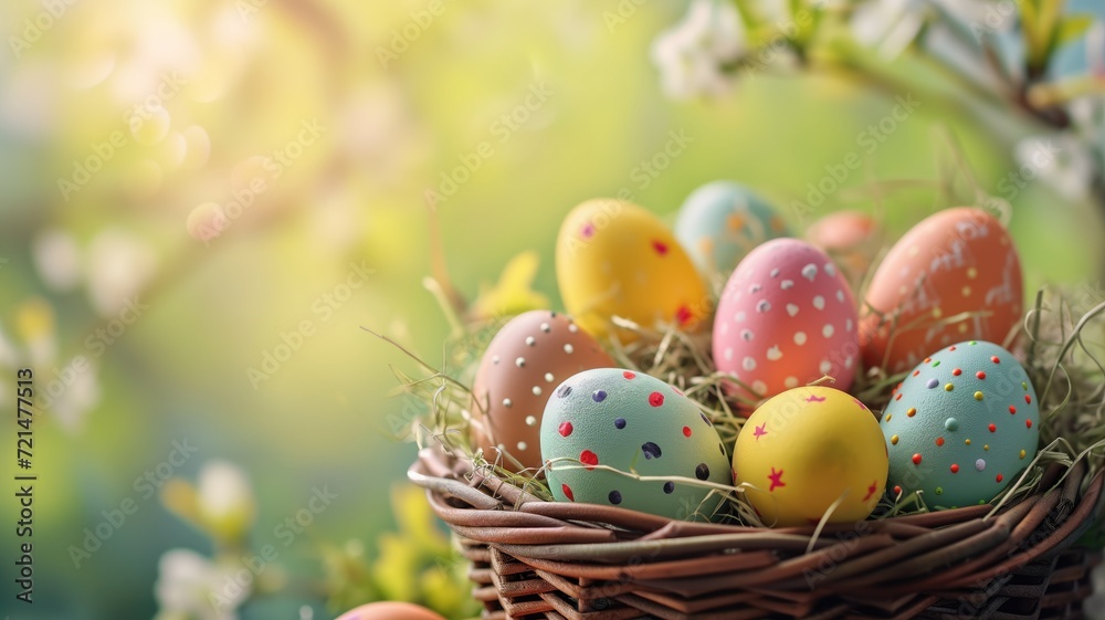 Vibrant Easter eggs nestled in a basket with spring blossoms Vibrant Easter eggs nestled in a basket with spring blossoms