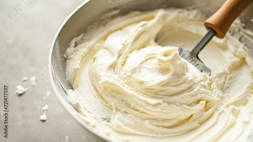 Whipped cream frosting being prepared in a metal bowl