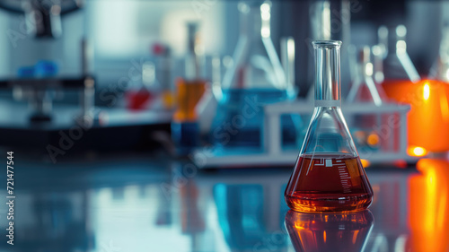 Erlenmeyer flask with orange liquid in a laboratory setting photo