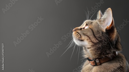 Tabby cat with a collar looking upward on a dark background photo