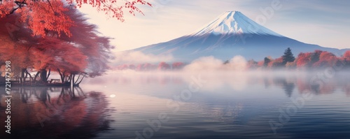 Autumn season and mountain Fuji landscape with morning lake fog. Generative ai