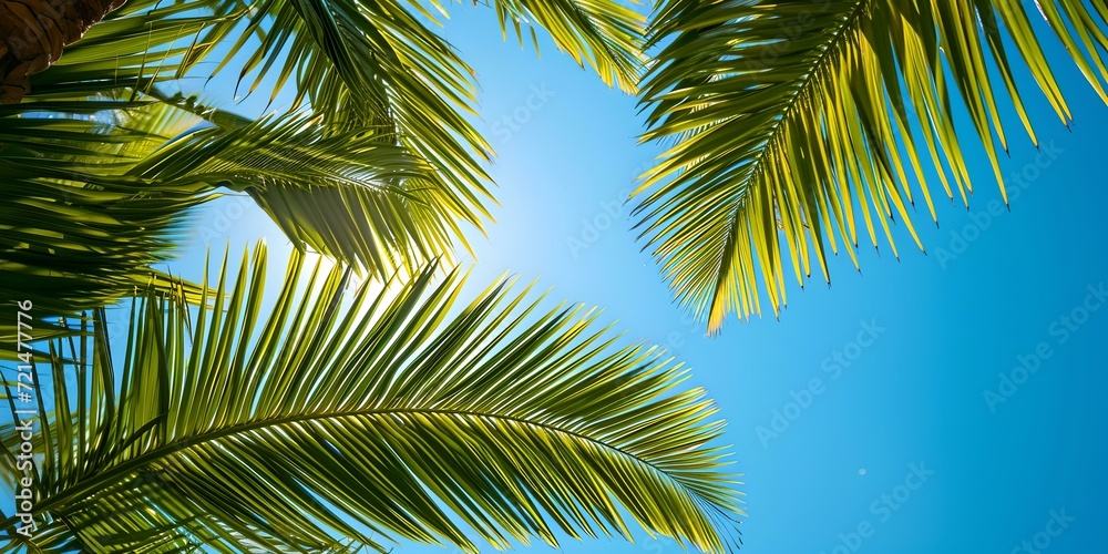 Tropical paradise view of palm leaves against a clear blue sky. summer vacation background. nature's beauty captured. perfect for travel themes. AI Tropical paradise view of palm leaves against a clear blue sky. summer vacation background. nature's beauty captured. perfect for travel themes. AI