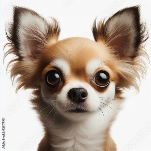Close-up of the ears and top of the head of a Chihuahua dog. The ears are prominent, well defined, with brown fur that has a soft texture. The dog's head is on a white background.