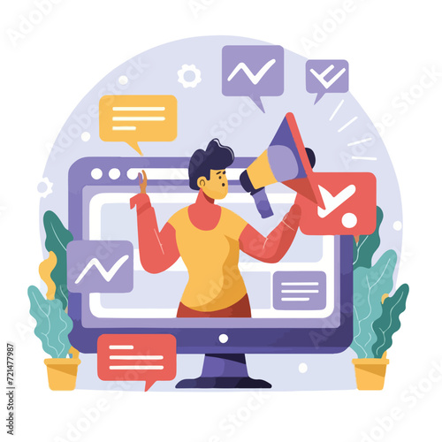 2d vector illustration colorful social media boost , influence blogger E-marketer via Internet pages marketing referral