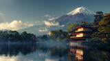 Berg Fuji Japan Vulkan mit Schnee am Krater und Kirschblüten und Tempel im Vordergrund Generative AI