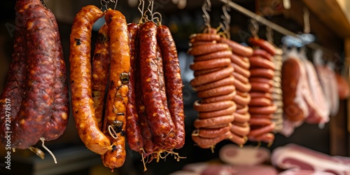 Assortment of gourmet sausages hanging in a deli. traditional meat processing and culinary delicacies. artisan food presentation. AI