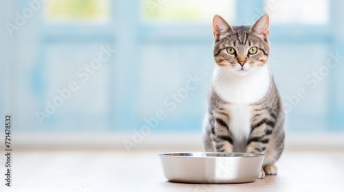 Hungry cat with empty feeding bowl waiting for pet food. Indoor background with copy space.