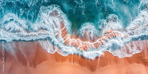 Aerial view of ocean waves crashing onto sandy shore. tranquil nature scene. perfect for wallpapers and backgrounds. AI